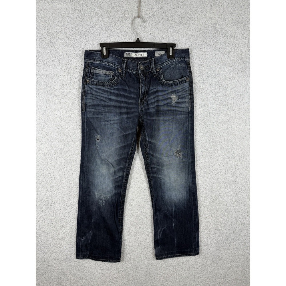 BKE Carter Jeans Mens 33x29 Dark Wash Blue Straight Leg Distressed Denim